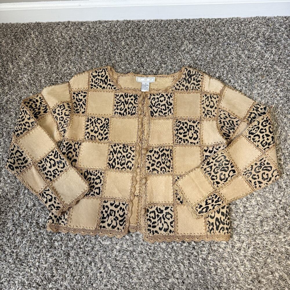 VTG Womens Leather Leopard Print Crotchet Patchwork Jacket Sz S Boho Gypsy READ